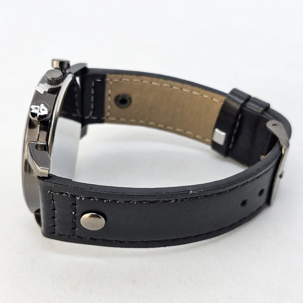 2PC Men's Watch Bracelet Set 45MM Black Dial Date Black‎ Leather Bands Working